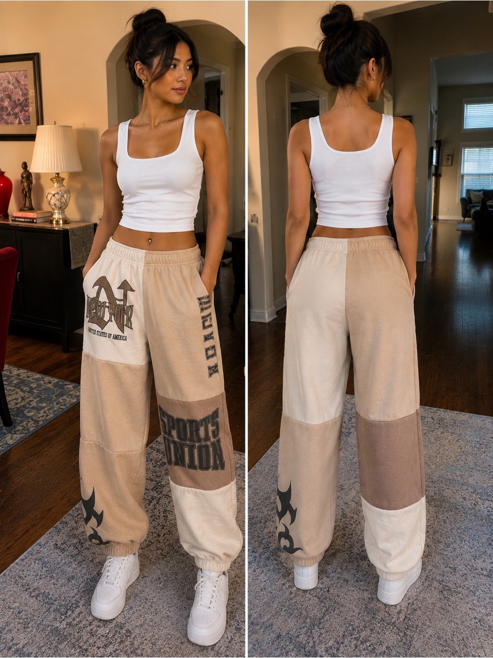 Beige Patchwork Wide-Leg Track Pants with Graphic Details